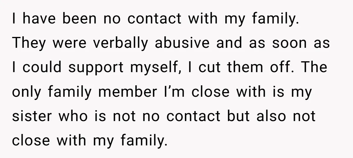 I have been no contact with my family. They were verbally abusive and as soon as I could support myself, I cut them off. The only family member I’m close...
