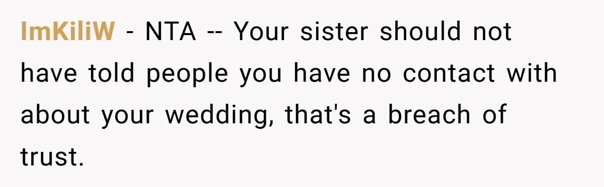 ImKiliW − NTA -- Your sister should not have told people you have no contact with about your wedding, that's a breach of trust.