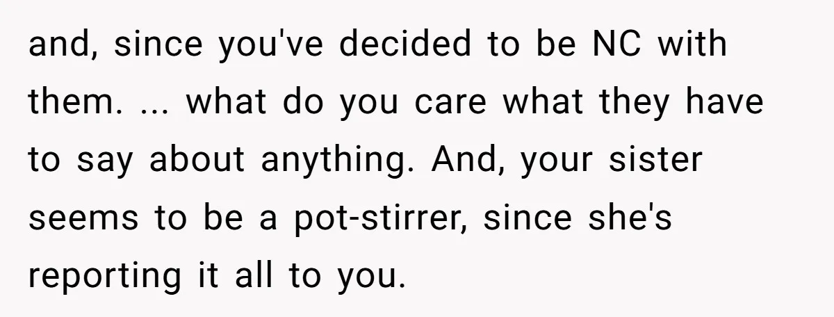 and, since you've decided to be NC with them. ... what do you care what they have to say about anything. And, your sister seems to be a pot-stirrer, since...