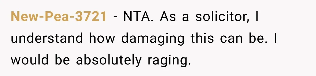 New-Pea-3721 − NTA. As a solicitor, I understand how damaging this can be. I would be absolutely raging.