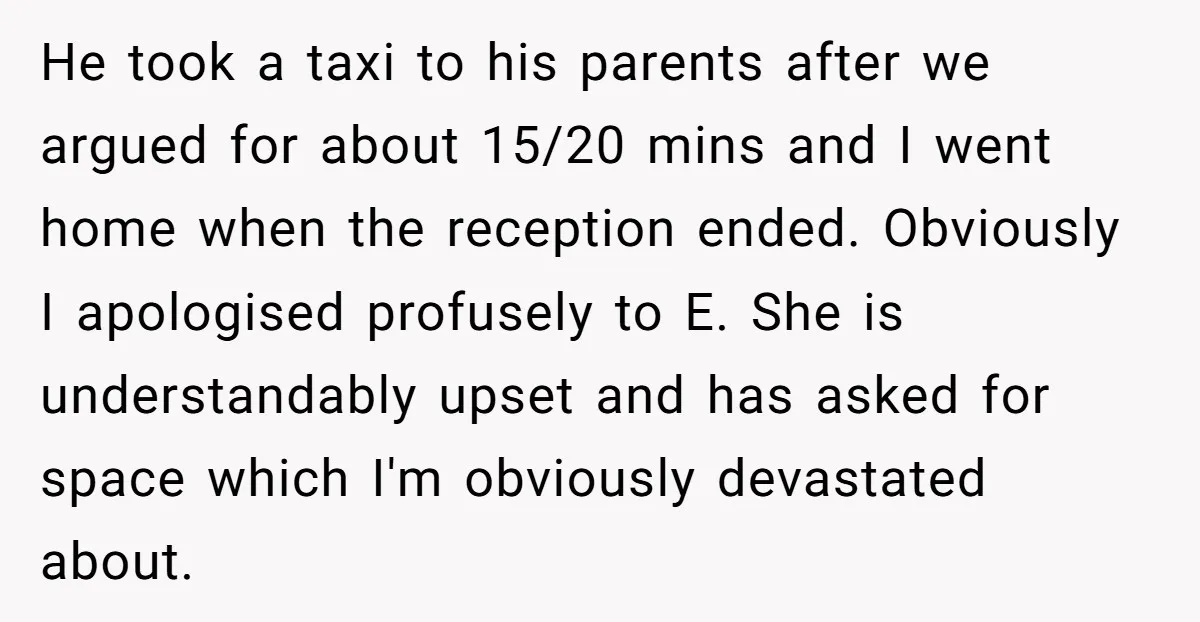He took a taxi to his parents after we argued for about 15/20 mins and I went home when the reception ended. Obviously I apologised profusely to E. She is...