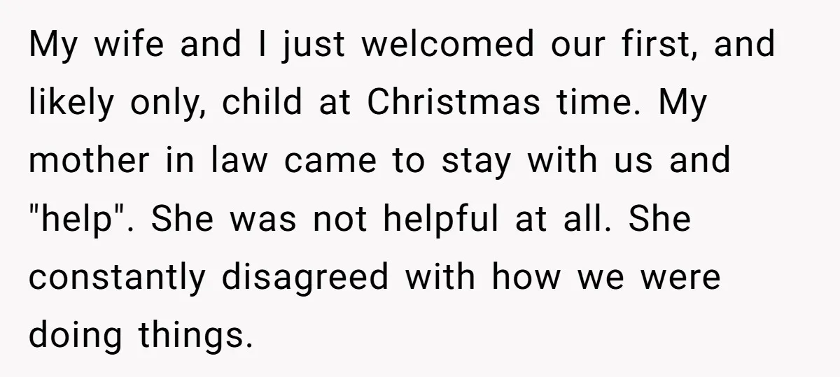 My wife and I just welcomed our first, and likely only, child at Christmas time. My mother in law came to stay with us and "help". She was not helpful...
