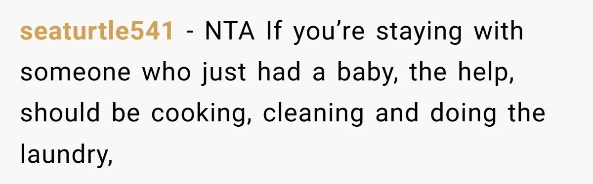 seaturtle541 − NTA If you’re staying with someone who just had a baby, the help, should be cooking, cleaning and doing the laundry,