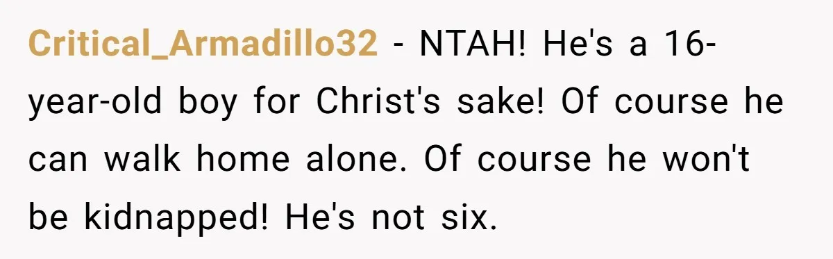 Critical_Armadillo32 − NTAH! He's a 16-year-old boy for Christ's sake! Of course he can walk home alone. Of course he won't be kidnapped! He's not six.