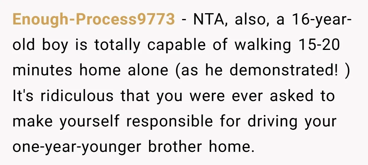 Enough-Process9773 − NTA, also, a 16-year-old boy is totally capable of walking 15-20 minutes home alone (as he demonstrated! ) It's ridiculous that you were ever asked to make yourself...