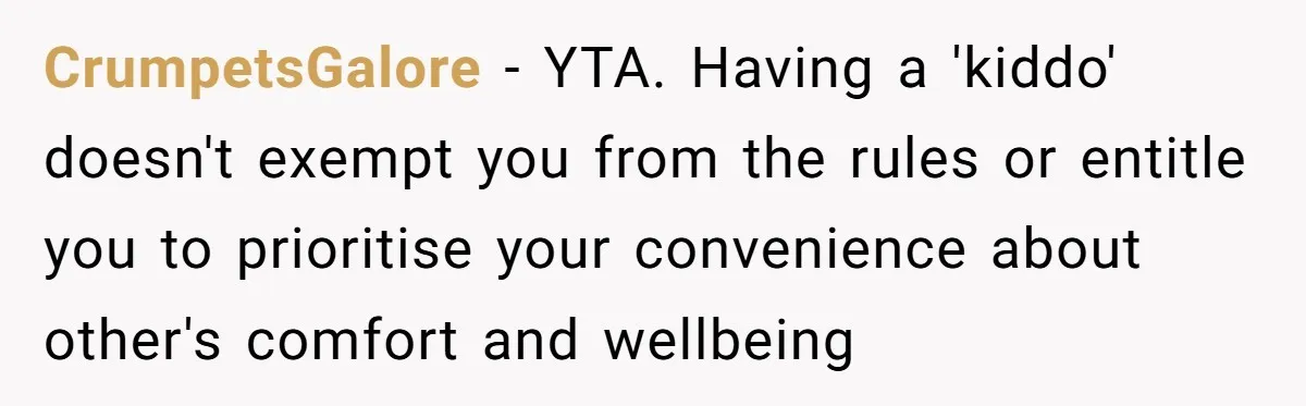 CrumpetsGalore − YTA. Having a 'kiddo' doesn't exempt you from the rules or entitle you to prioritise your convenience about other's comfort and wellbeing