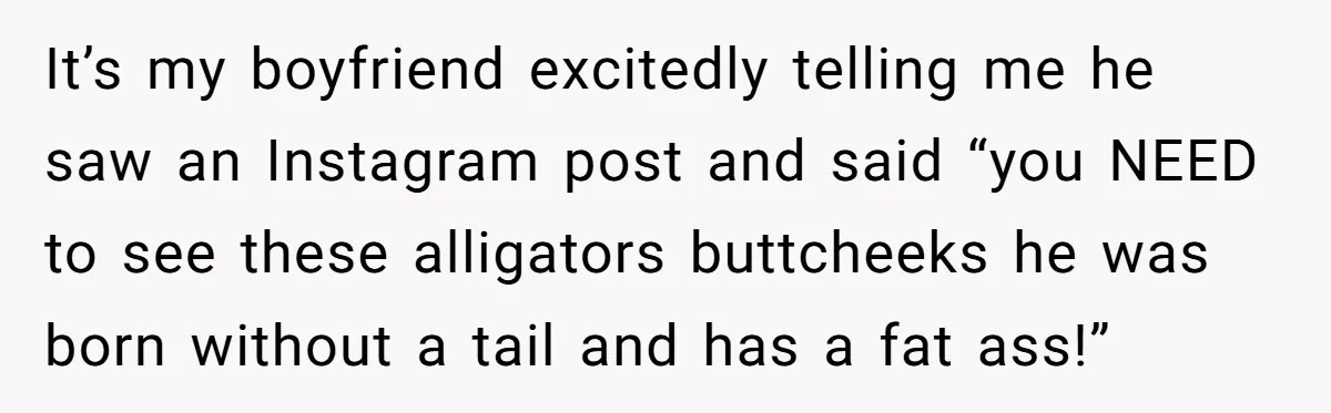 It’s my boyfriend excitedly telling me he saw an Instagram post and said “you NEED to see these alligators buttcheeks he was born without a tail and has a fat...