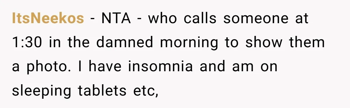 ItsNeekos − NTA - who calls someone at 1:30 in the damned morning to show them a photo. I have insomnia and am on sleeping tablets etc,