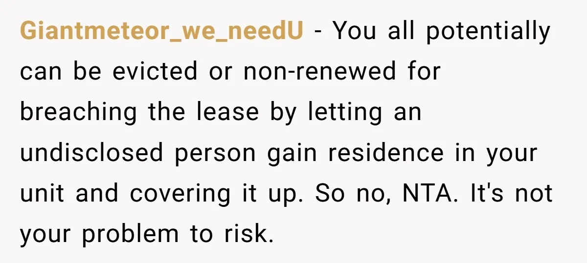 Giantmeteor_we_needU − You all potentially can be evicted or non-renewed for breaching the lease by letting an undisclosed person gain residence in your unit and covering it up. So no,...
