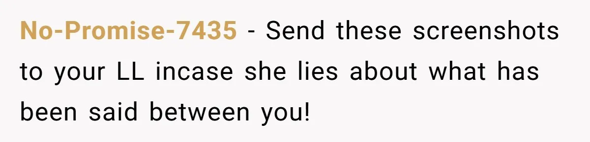No-Promise-7435 − Send these screenshots to your LL incase she lies about what has been said between you!