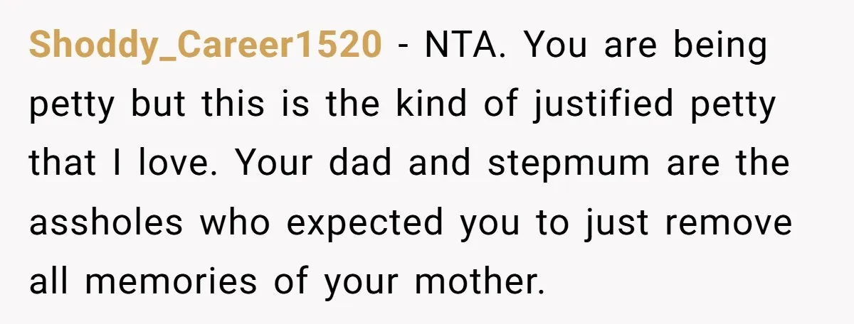Shoddy_Career1520 − NTA. You are being petty but this is the kind of justified petty that I love. Your dad and stepmum are the assholes who expected you to just...