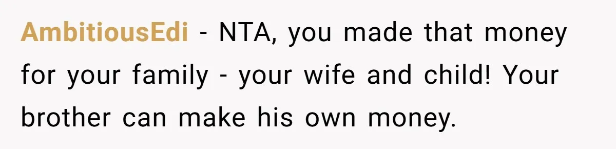 AmbitiousEdi − NTA, you made that money for your family - your wife and child! Your brother can make his own money.