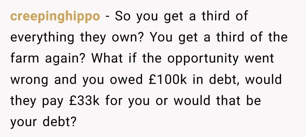 creepinghippo − So you get a third of everything they own? You get a third of the farm again? What if the opportunity went wrong and you owed £100k in...