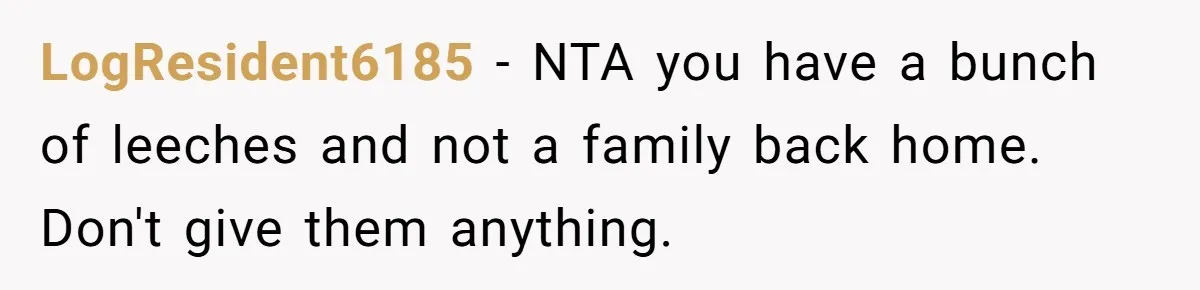LogResident6185 − NTA you have a bunch of leeches and not a family back home. Don't give them anything.