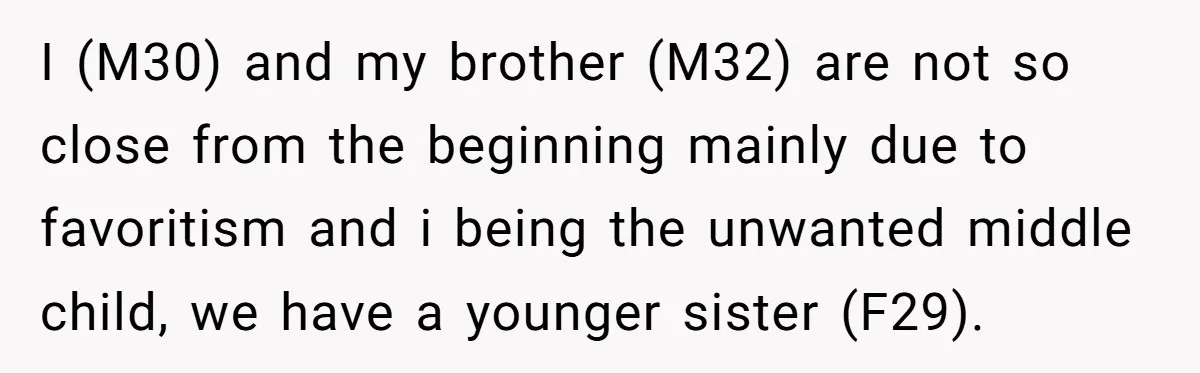 I (M30) and my brother (M32) are not so close from the beginning mainly due to favoritism and i being the unwanted middle child, we have a younger sister (F29).