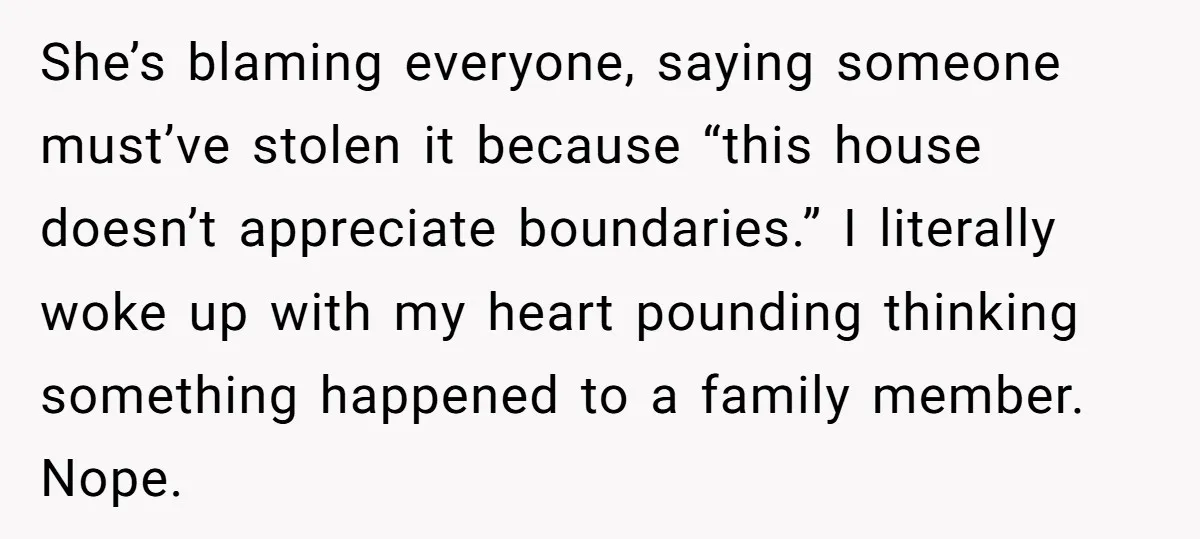 She’s blaming everyone, saying someone must’ve stolen it because “this house doesn’t appreciate boundaries.” I literally woke up with my heart pounding thinking something happened to a family member. Nope.