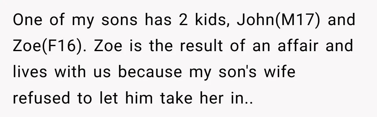 One of my sons has 2 kids, John(M17) and Zoe(F16). Zoe is the result of an affair and lives with us because my son's wife refused to let him take...