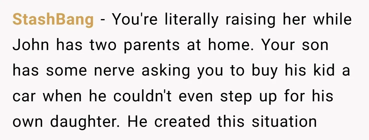 StashBang − You're literally raising her while John has two parents at home. Your son has some nerve asking you to buy his kid a car when he couldn't even...