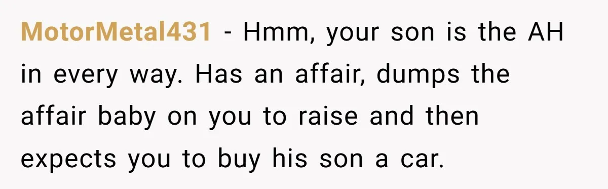 MotorMetal431 − Hmm, your son is the AH in every way. Has an affair, dumps the affair baby on you to raise and then expects you to buy his son...