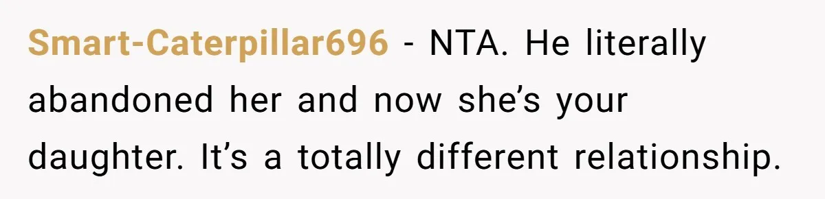 Smart-Caterpillar696 − NTA. He literally abandoned her and now she’s your daughter. It’s a totally different relationship.