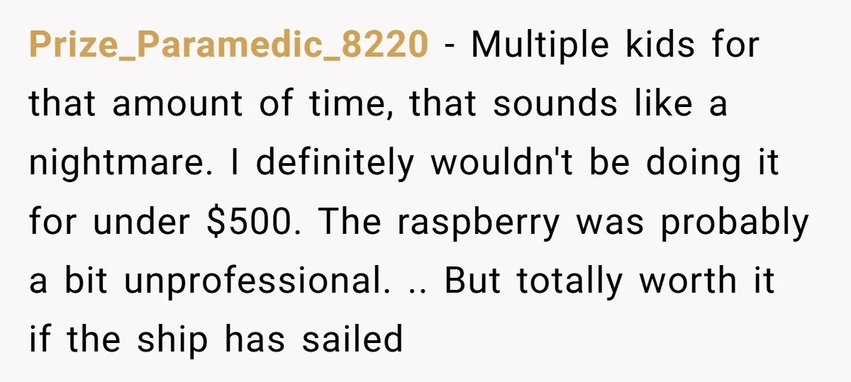 Prize_Paramedic_8220 − Multiple kids for that amount of time, that sounds like a nightmare. I definitely wouldn't be doing it for under $500. The raspberry was probably a bit unprofessional....