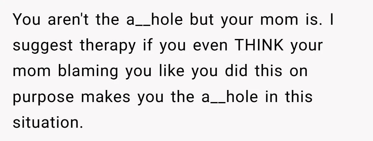 You aren't the a__hole but your mom is. I suggest therapy if you even THINK your mom blaming you like you did this on purpose makes you the a__hole in...