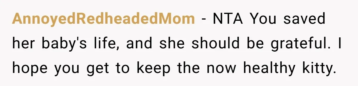 AnnoyedRedheadedMom - NTA You saved her baby's life, and she should be grateful. I hope you get to keep the now healthy kitty.