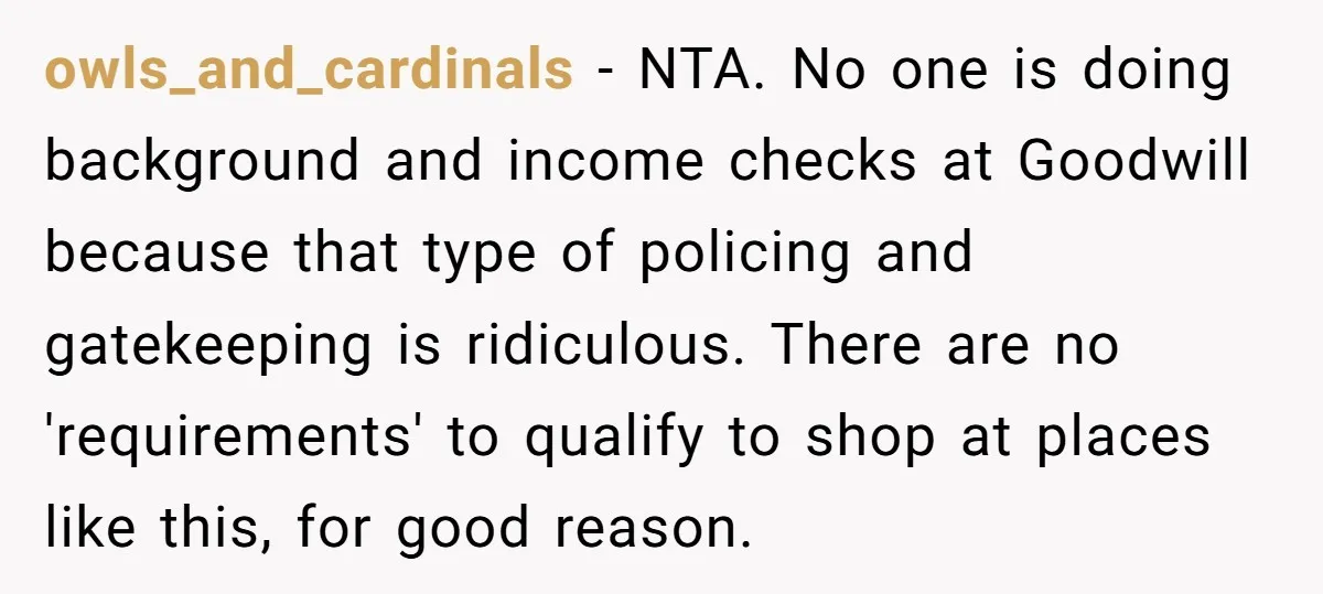 owls_and_cardinals − NTA. No one is doing background and income checks at Goodwill because that type of policing and gatekeeping is ridiculous. There are no 'requirements' to qualify to shop...