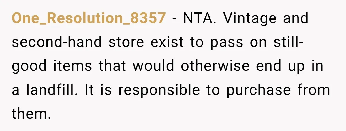 One_Resolution_8357 − NTA. Vintage and second-hand store exist to pass on still-good items that would otherwise end up in a landfill. It is responsible to purchase from them.