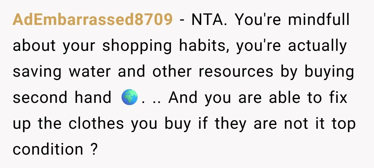 AdEmbarrassed8709 − NTA. You're mindfull about your shopping habits, you're actually saving water and other resources by buying second hand 🌍. .. And you are able to fix up the...