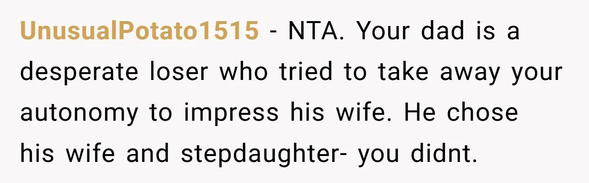 UnusualPotato1515 − NTA. Your dad is a desperate loser who tried to take away your autonomy to impress his wife. He chose his wife and stepdaughter- you didnt.