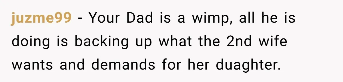 juzme99 − Your Dad is a wimp, all he is doing is backing up what the 2nd wife wants and demands for her duaghter.