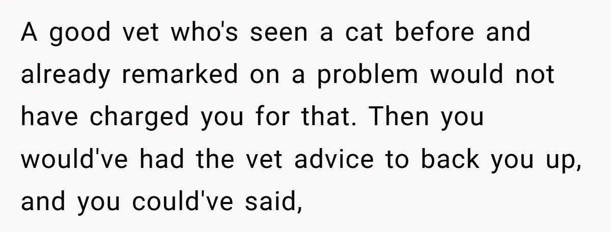 A good vet who's seen a cat before and already remarked on a problem would not have charged you for that. Then you would've had the vet advice to back...