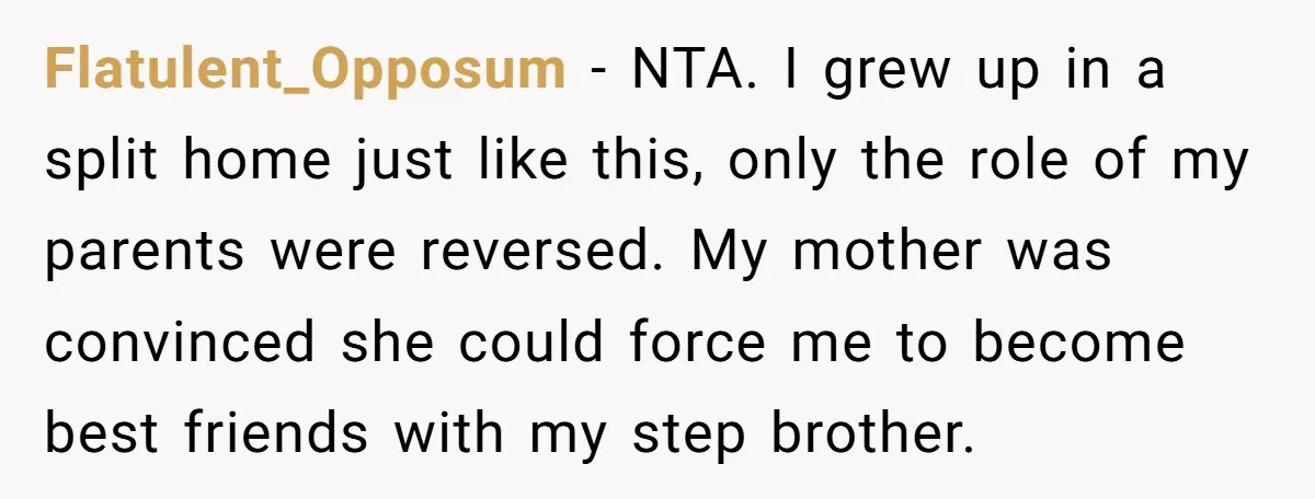 Flatulent_Opposum − NTA. I grew up in a split home just like this, only the role of my parents were reversed. My mother was convinced she could force me to...