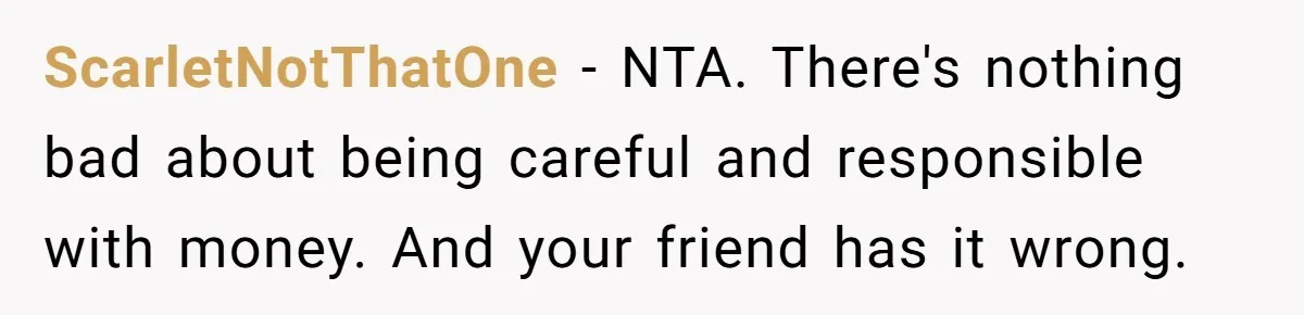 ScarletNotThatOne − NTA. There's nothing bad about being careful and responsible with money. And your friend has it wrong.