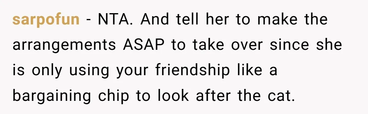 sarpofun - NTA. And tell her to make the arrangements ASAP to take over since she is only using your friendship like a bargaining chip to look after the cat.