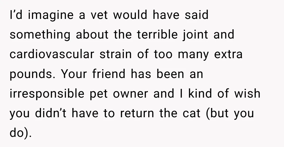 I’d imagine a vet would have said something about the terrible joint and cardiovascular strain of too many extra pounds. Your friend has been an irresponsible pet owner and I...