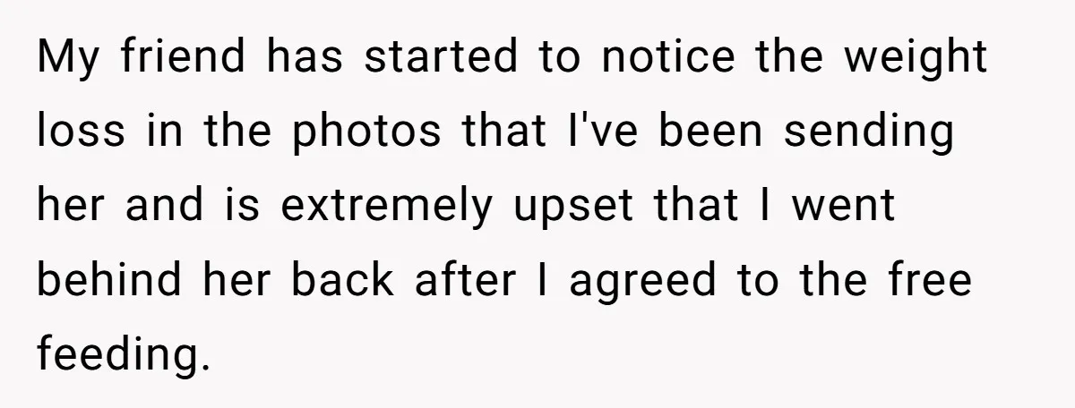 My friend has started to notice the weight loss in the photos that I've been sending her and is extremely upset that I went behind her back after I agreed...