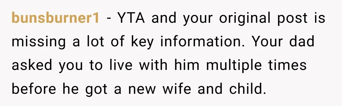 bunsburner1 − YTA and your original post is missing a lot of key information. Your dad asked you to live with him multiple times before he got a new wife...