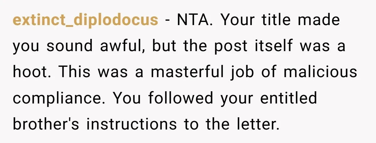 extinct_diplodocus - NTA. Your title made you sound awful, but the post itself was a hoot. This was a masterful job of malicious compliance. You followed your entitled brother's instructions...