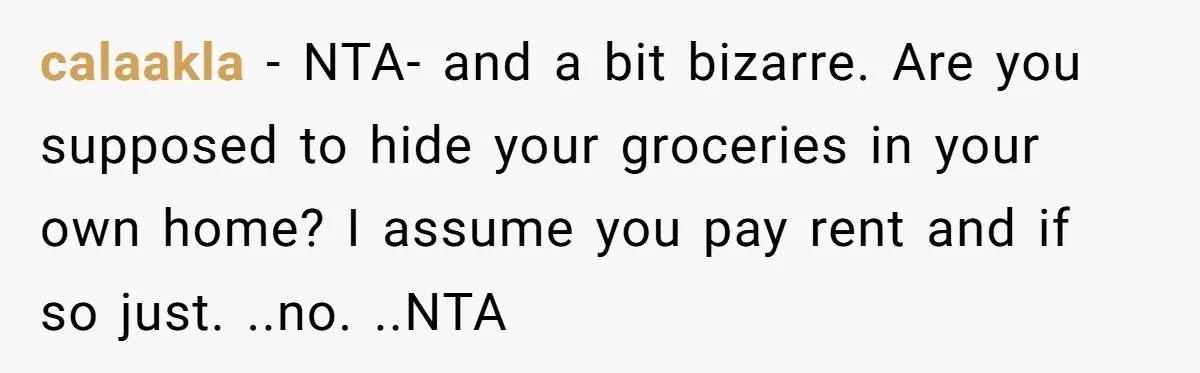 calaakla − NTA- and a bit bizarre. Are you supposed to hide your groceries in your own home? I assume you pay rent and if so just. ..no. ..NTA