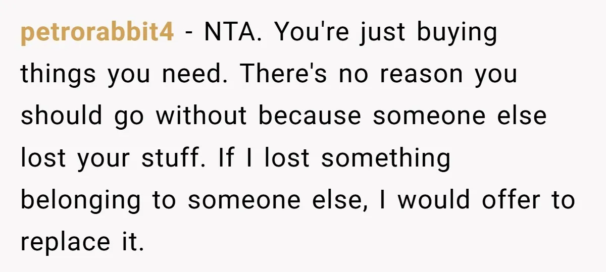petrorabbit4 − NTA. You're just buying things you need. There's no reason you should go without because someone else lost your stuff. If I lost something belonging to someone else,...