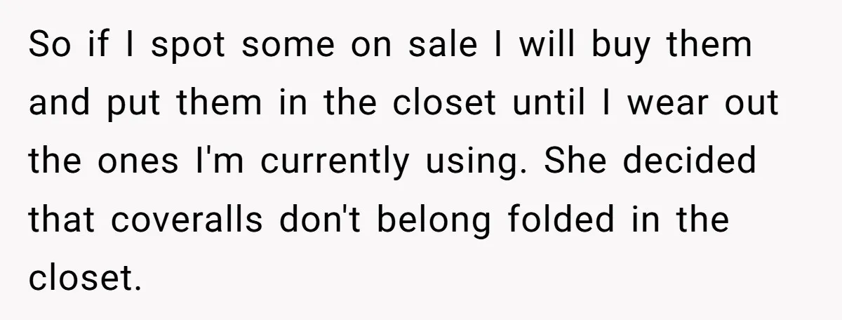So if I spot some on sale I will buy them and put them in the closet until I wear out the ones I'm currently using. She decided that coveralls...