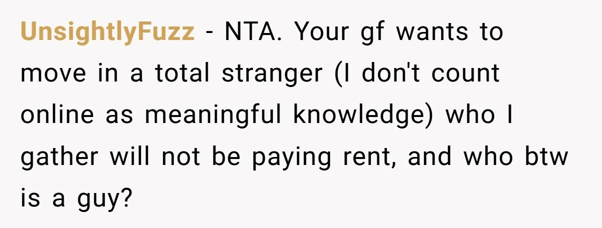 UnsightlyFuzz − NTA. Your gf wants to move in a total stranger (I don't count online as meaningful knowledge) who I gather will not be paying rent, and who btw...