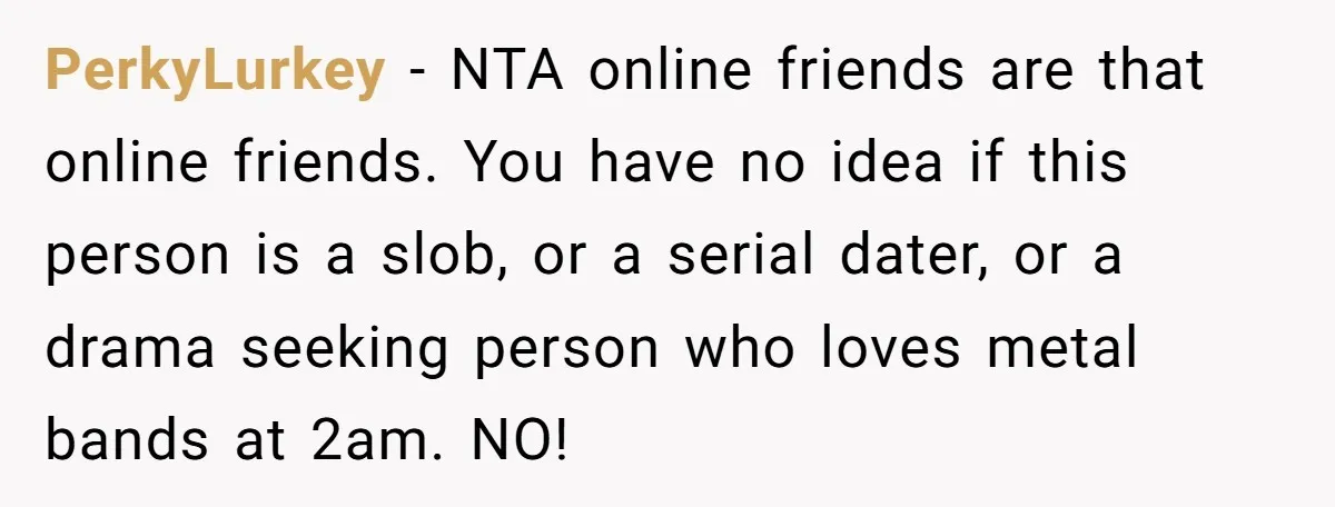 PerkyLurkey − NTA online friends are that online friends. You have no idea if this person is a slob, or a serial dater, or a drama seeking person who loves...