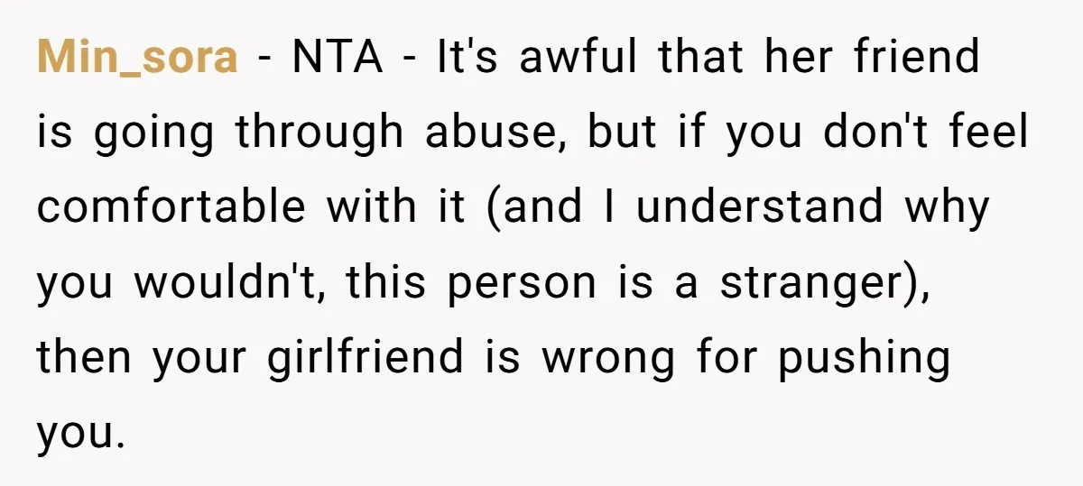 Min_sora − NTA - It's awful that her friend is going through abuse, but if you don't feel comfortable with it (and I understand why you wouldn't, this person is...