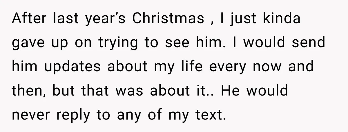 After last year’s Christmas , I just kinda gave up on trying to see him. I would send him updates about my life every now and then, but that was...