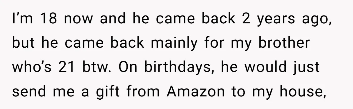 I’m 18 now and he came back 2 years ago, but he came back mainly for my brother who’s 21 btw. On birthdays, he would just send me a gift...