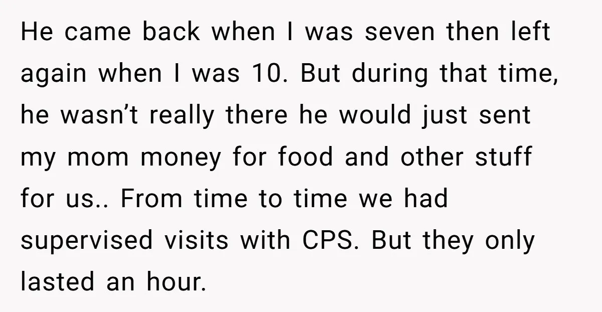 He came back when I was seven then left again when I was 10. But during that time, he wasn’t really there he would just sent my mom money for...
