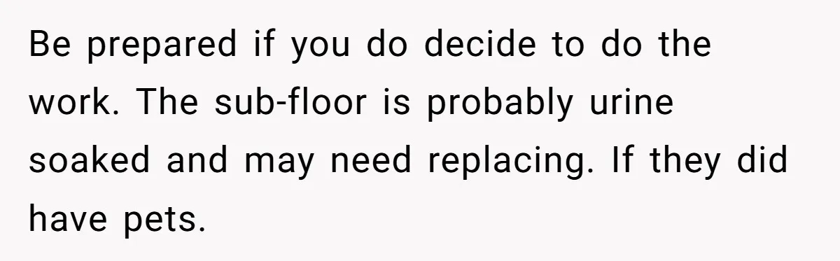 Be prepared if you do decide to do the work. The sub-floor is probably urine soaked and may need replacing. If they did have pets.